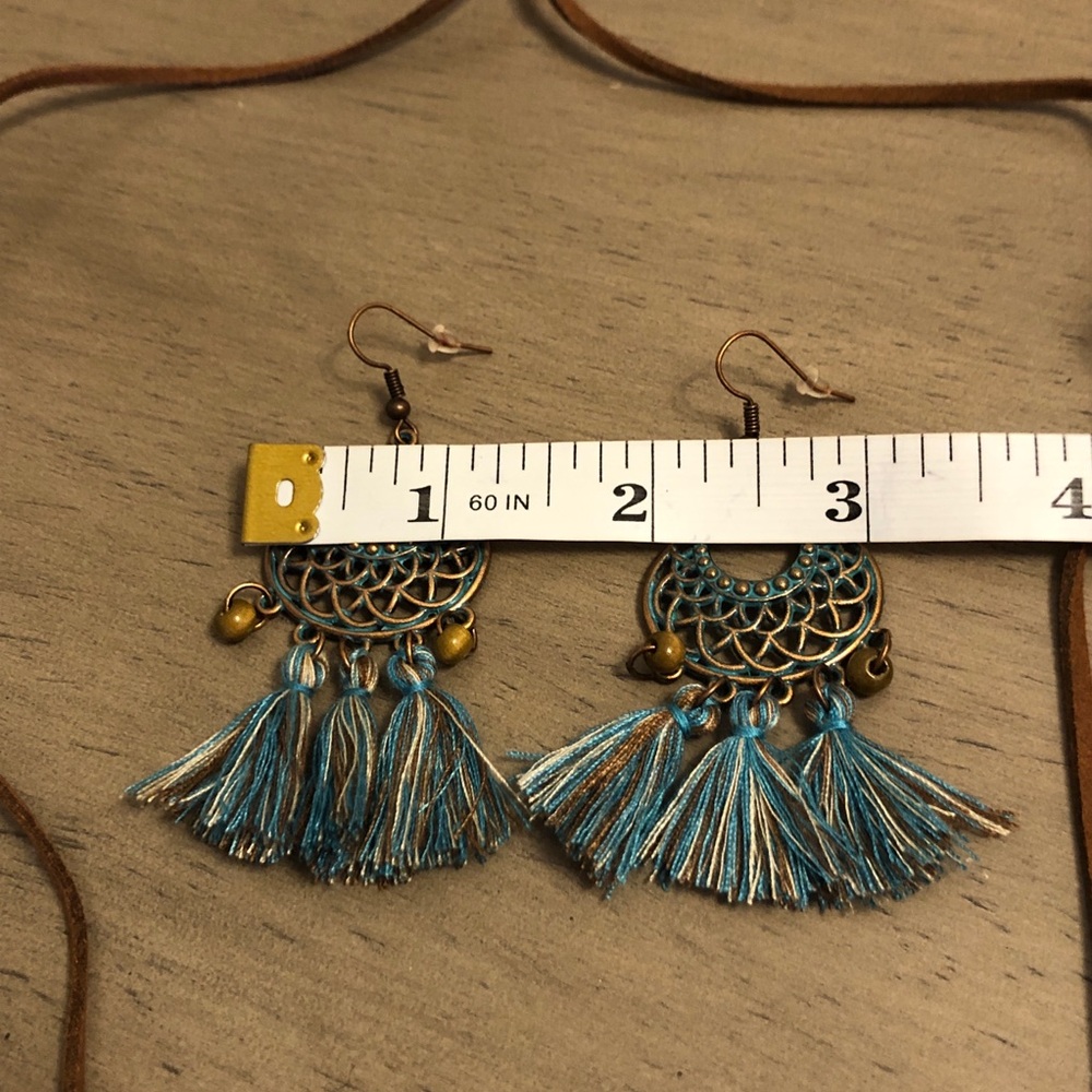 Bohemian Teal Blue and Brown Tassel Necklace and Earring Set - Picture 7 of 10